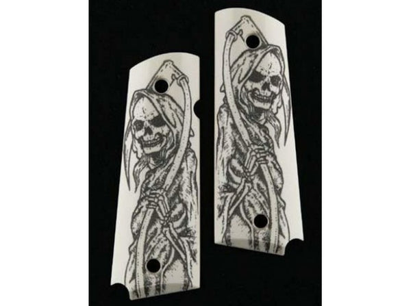 Hogue - Govt. Model Scrimshaw Ivory Polymer - Grim Reaper Full-Body X2 - Ambi Safety Cut for 1911